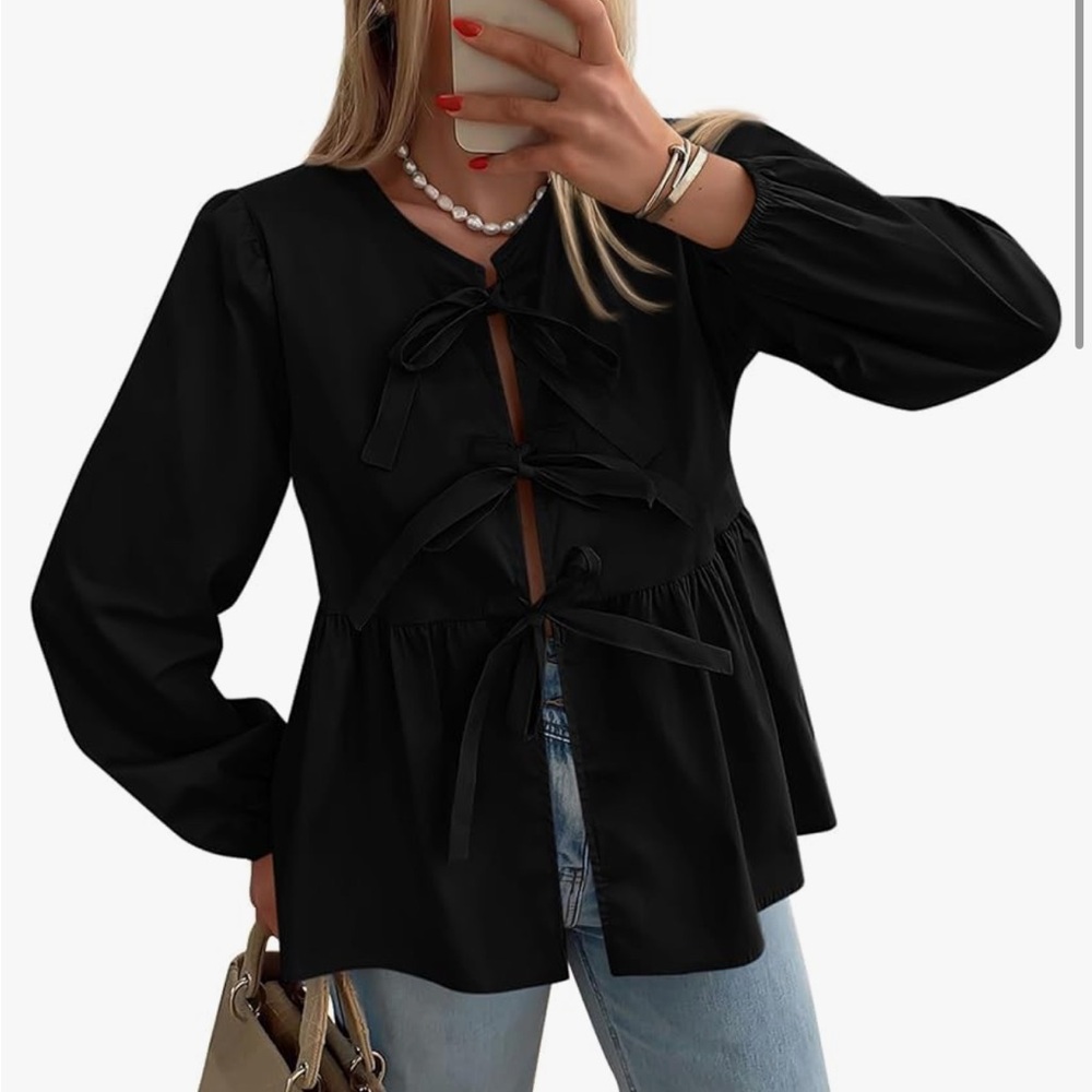 Black Peplum Tie Front Blouse